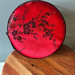 Red & Black Satin Travel Jewelry Case – Mirror Lid, Velvet Interior - Compact